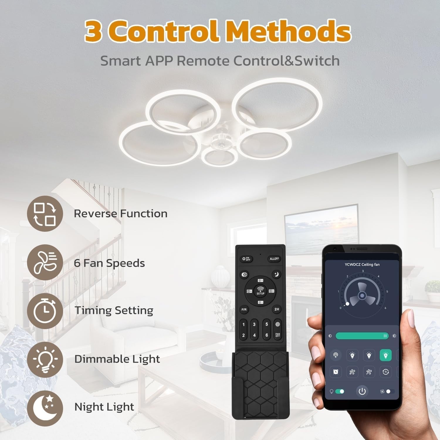 100CM Smart Ceiling Fan Light, 6 Speeds, LED, Remote, White