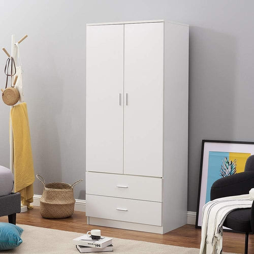 White 2 Door Wardrobe with 2 Drawers & Hanging Rail Durable Bedroom Closet