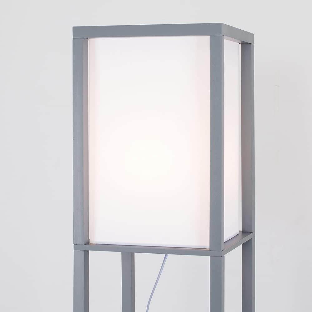 Grey Wooden Floor Lamp with Shelves Modern Standing Light Storage