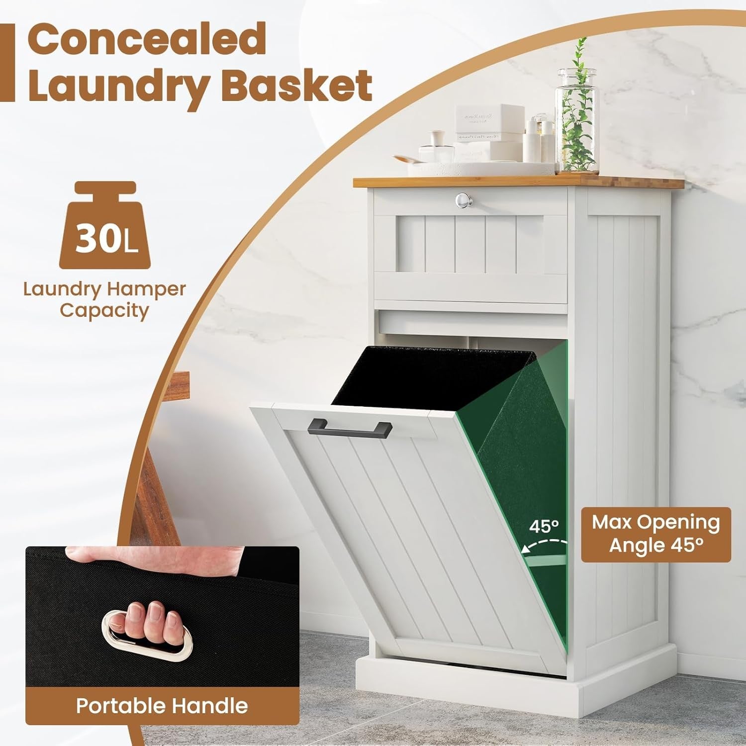 Tilt-Out Laundry Cabinet 30L With Drawer Modern Bathroom Storage White