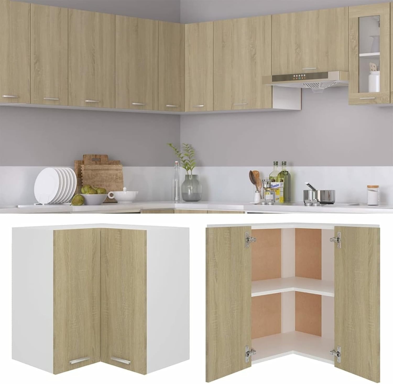 Corner Wall Cabinet Kitchen Storage Unit with Doors & Shelves 57x57x60cm