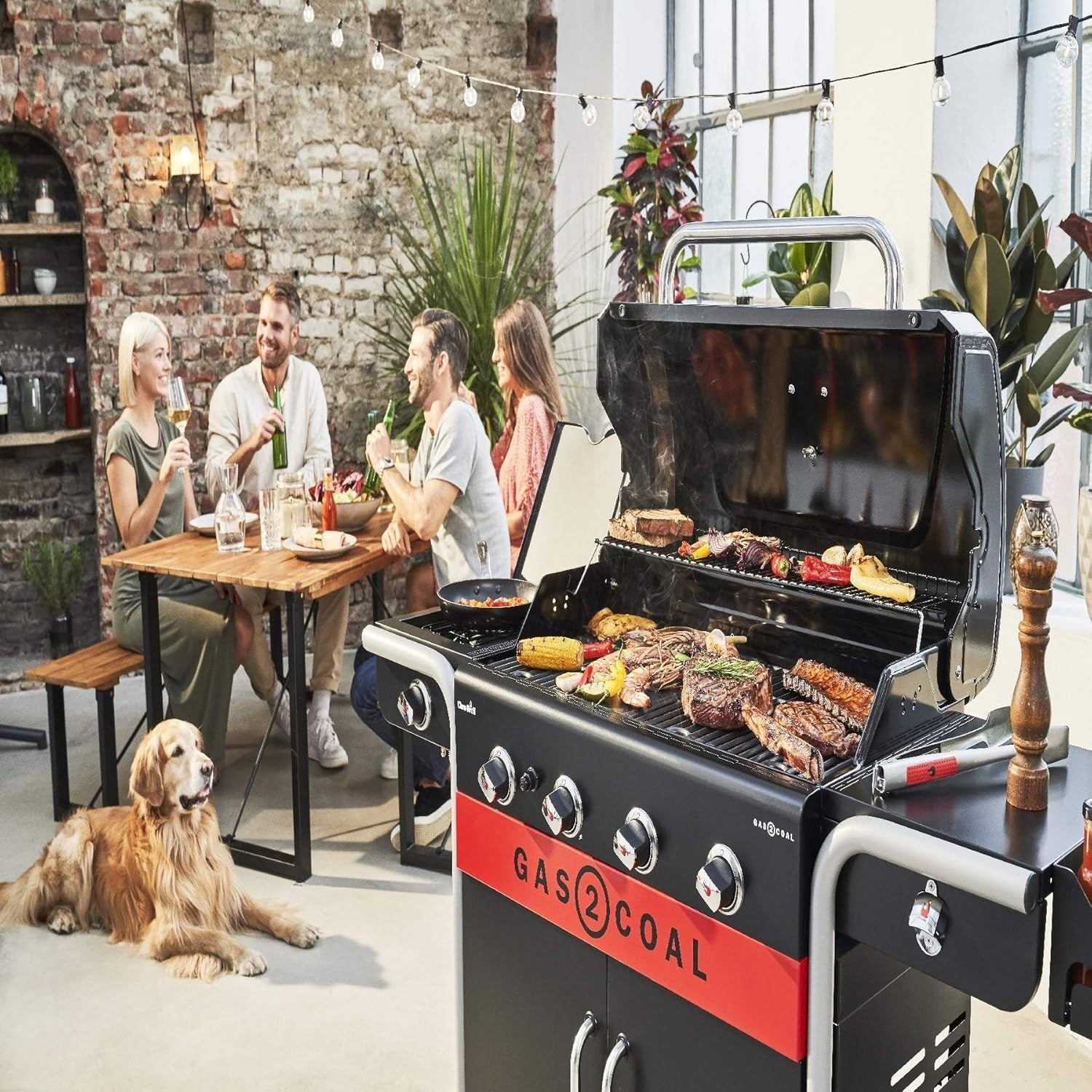 4 Burner Hybrid Gas Charcoal BBQ Grill Outdoor Family Barbecue with Side Shelves