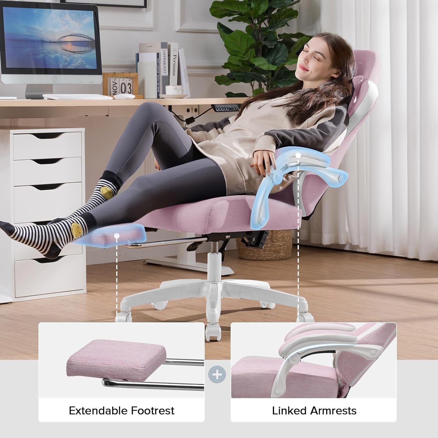 Big & Tall Gaming Chair Pink White Ergonomic Swivel Recliner Footrest 150KG Max