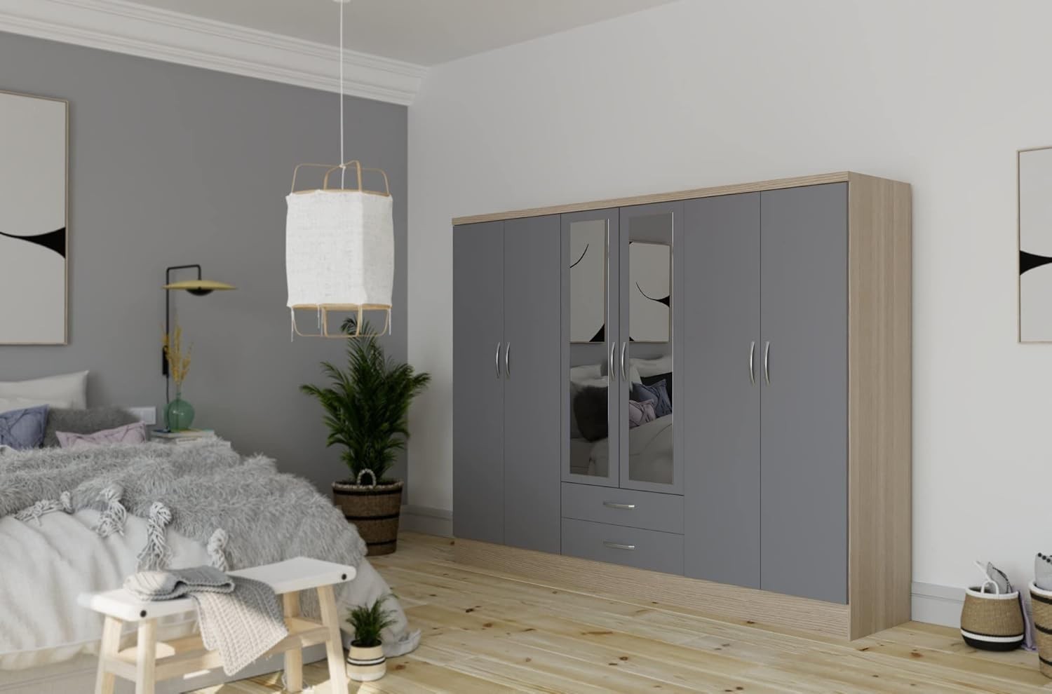 Large 6-Door Grey & Oak Wardrobe with Mirrors & 2 Drawers | Secure Storage