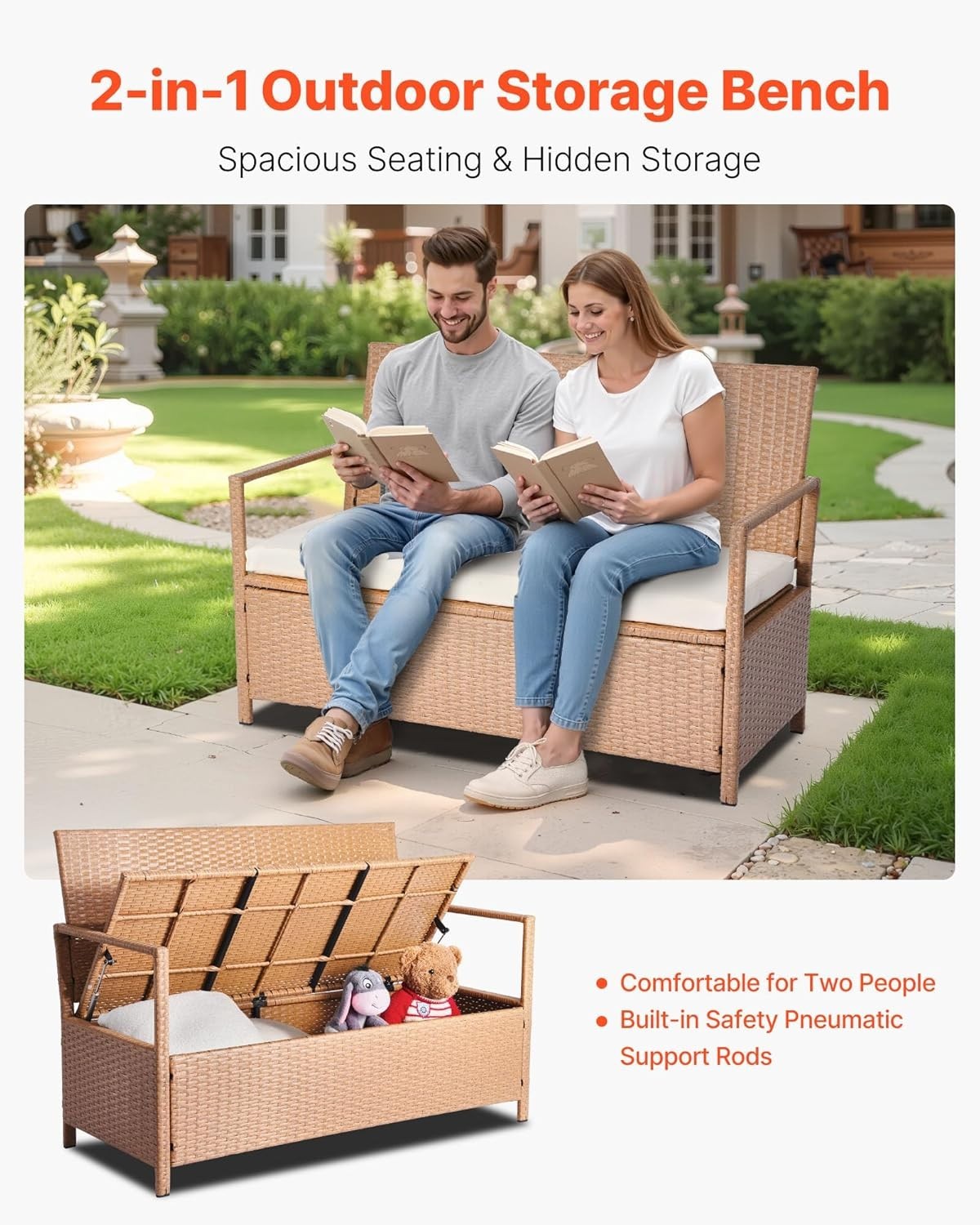 Outdoor 2-Person Storage Bench with Cushion – Weatherproof Rattan Deck Box