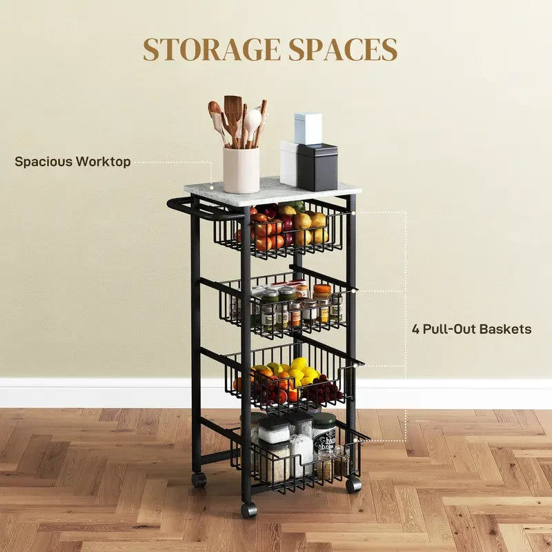 Mobile Kitchen Island Trolley with 4 Mesh Drawers & Marble Top