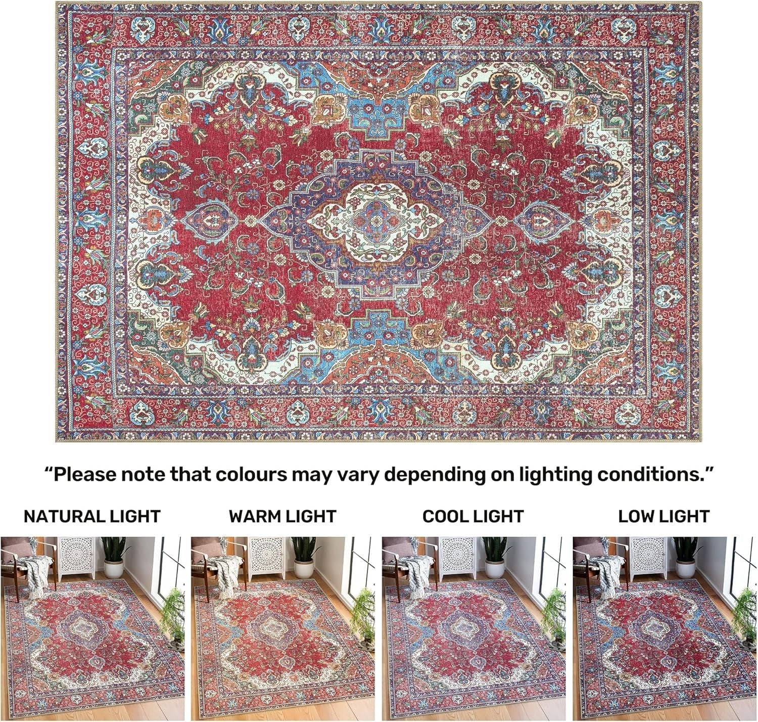 Washable Rug 152x213cm Non-Slip Soft Vintage Red Blue Carpet for Living Room