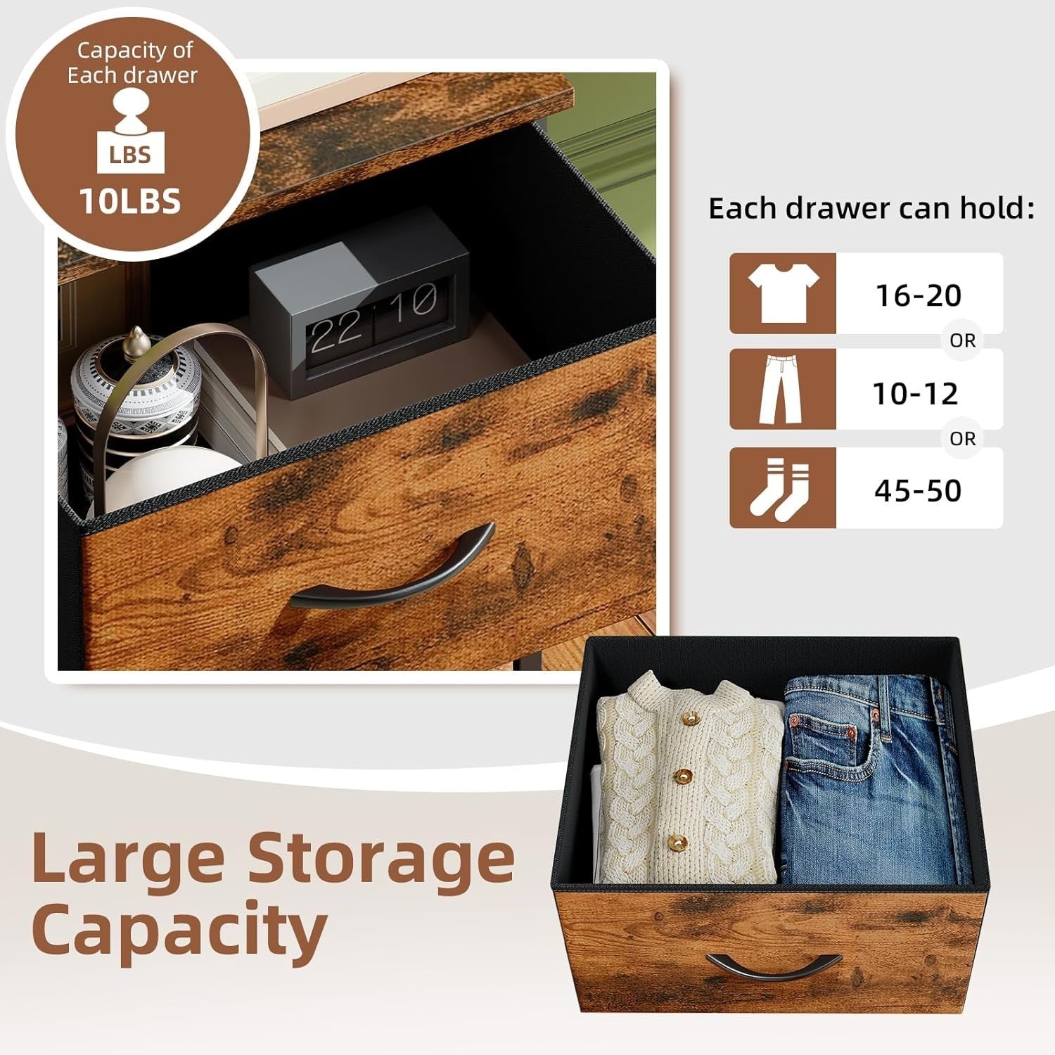 Rustic Wood Bedside Tables Set of 2 with Fabric Drawers, Industrial Nightstands