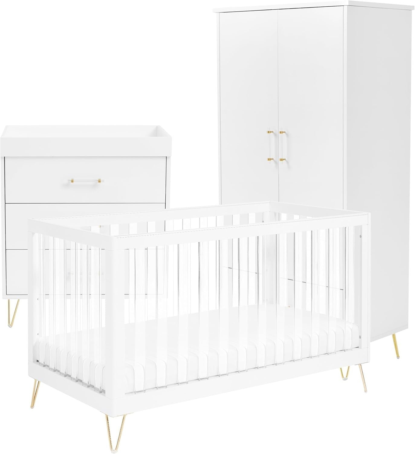3pc Acrylic Nursery Furniture Room Set Cot Bed Chest Drawers Adjustable Modern