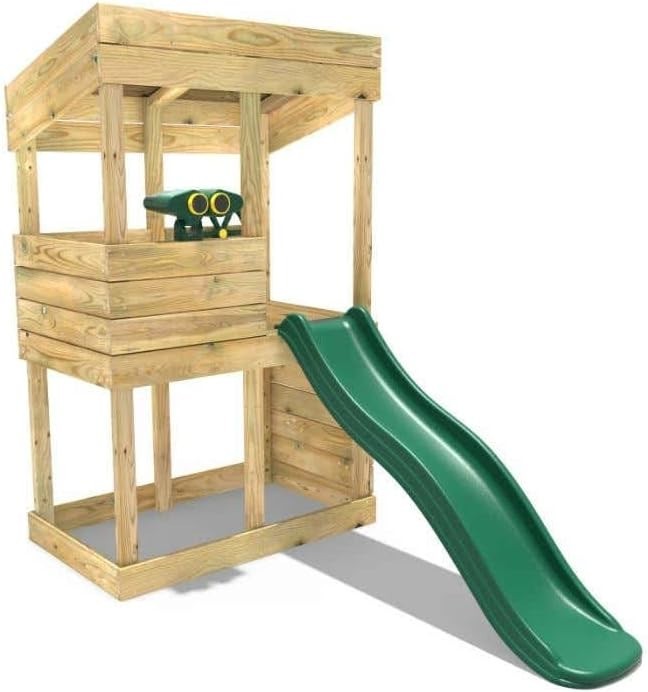 Wooden Kids Lookout Tower Playhouse Outdoor w 6ft Slide Climbing Wall
