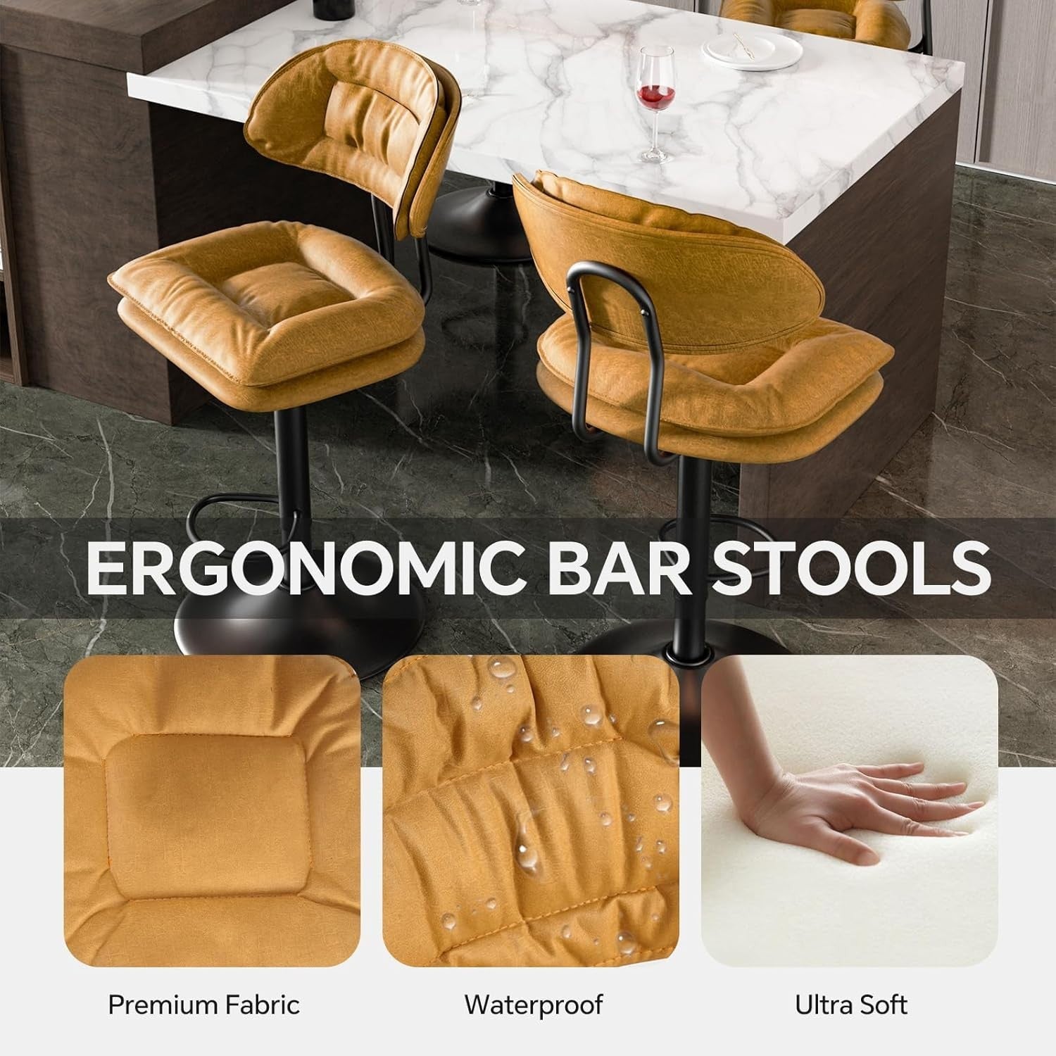 Adjustable Swivel Bar Stools Set of 2 | Orange Faux Leather Counter Height