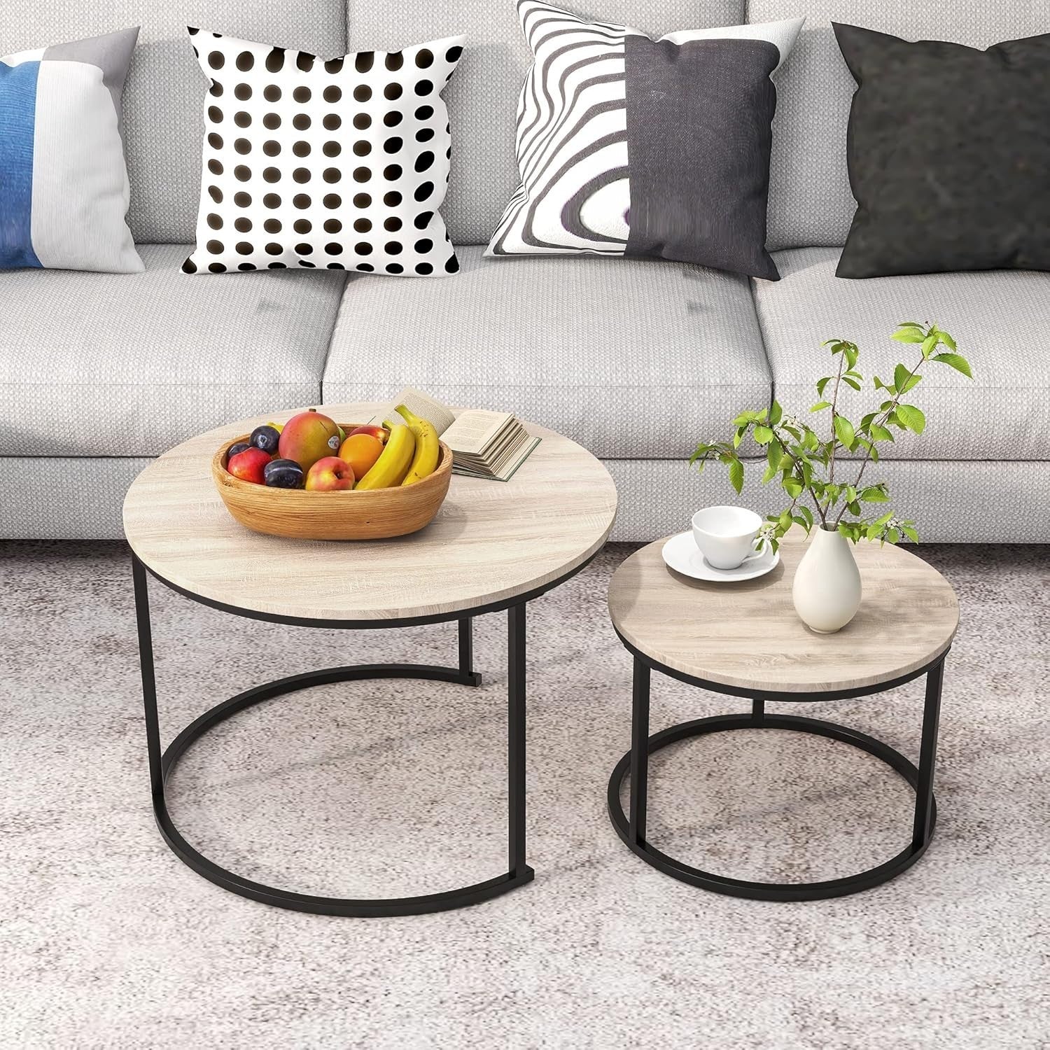 Round Nesting Coffee Tables Set for Living Room Modern Black/Oak Wood End Side T