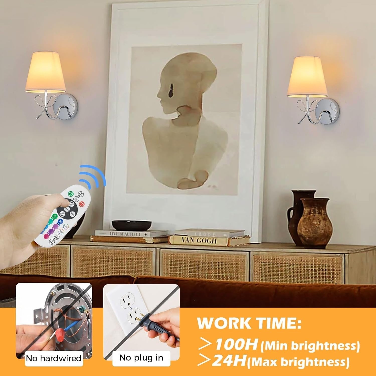 Wireless Wall Lights Chrome Set of 2, 15 RGB Colours, Remote & Timer, No Wiring