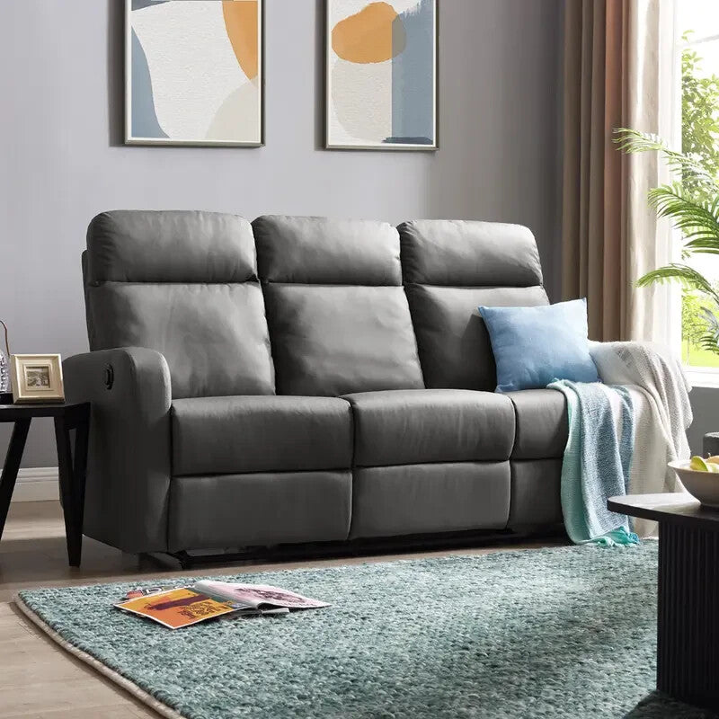 3 Seater Electric Recliner Sofa Grey Faux Leather Lounge Seat Lumbar Support