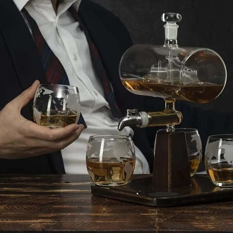 Luxury Globe Whiskey Decanter Set w/ Tap & 4 Glasses Bar Gift Home Party