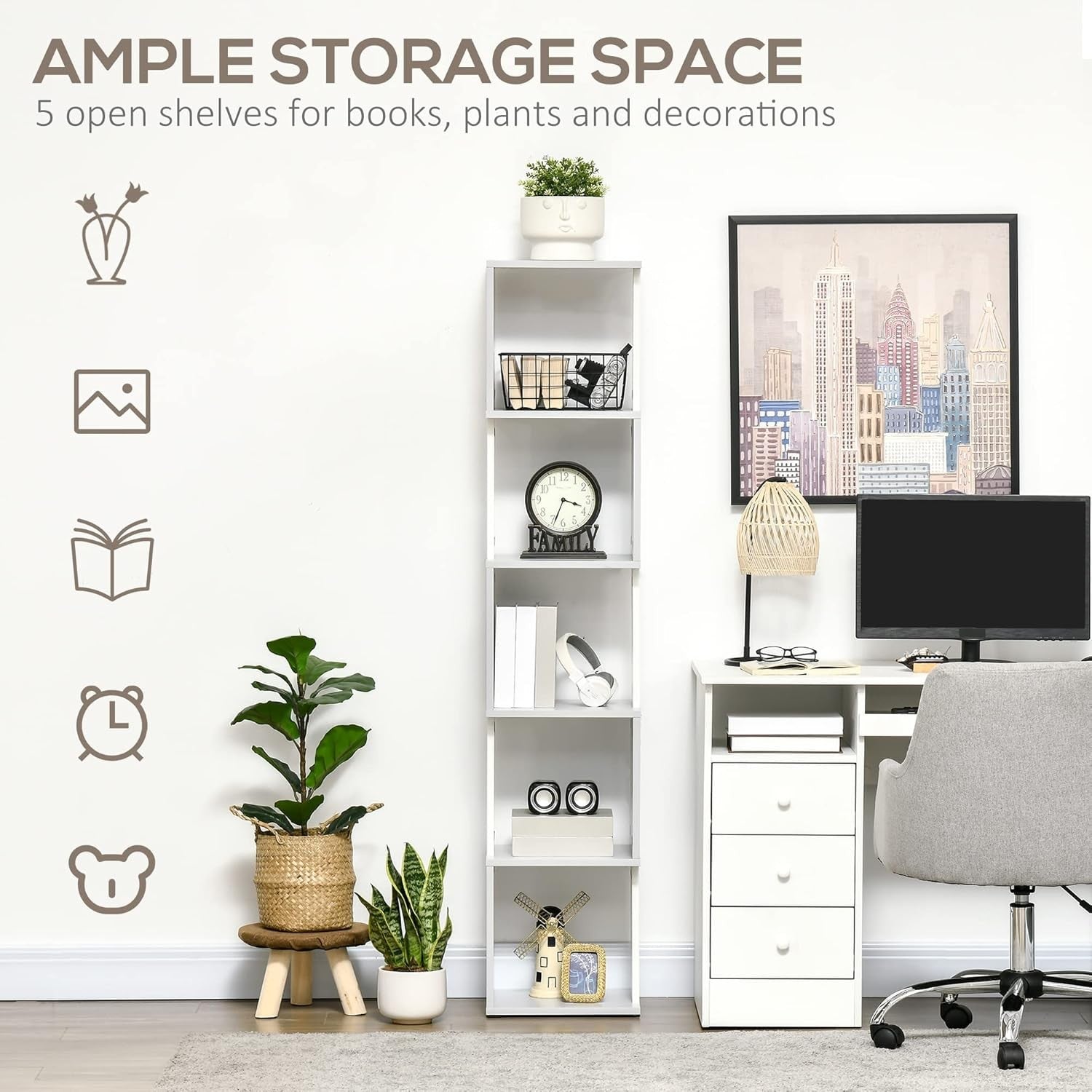Modern 5-Tier Bookcase Storage Unit with Open Shelves – White & Light Grey