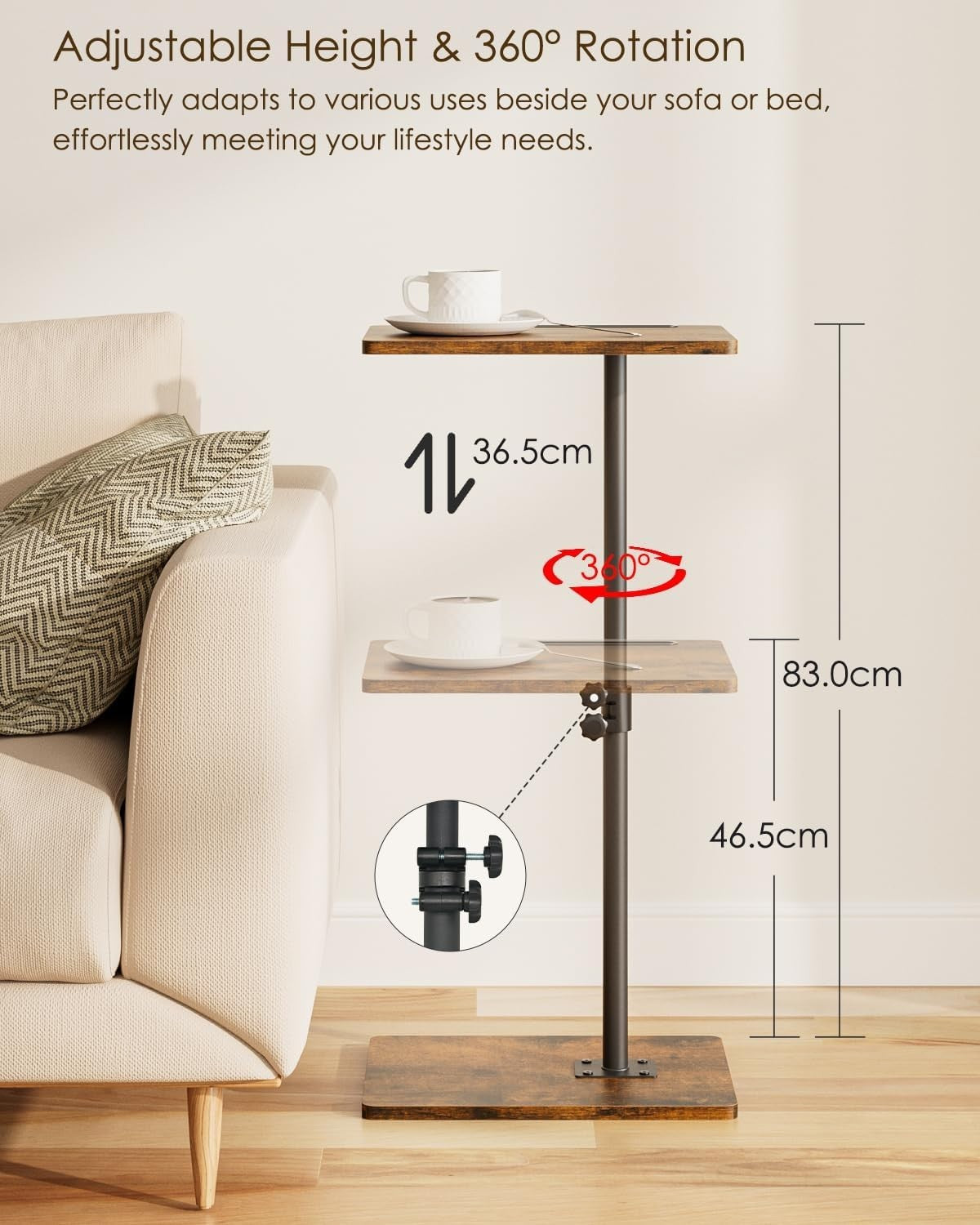 Adjustable C-Shaped Swivel Side Table 45-81cm Small Sofa Laptop Tray