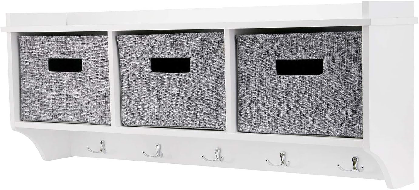 White Wall Mounted Coat Rack with 3 Baskets | 5 Hooks Hallway Organizer