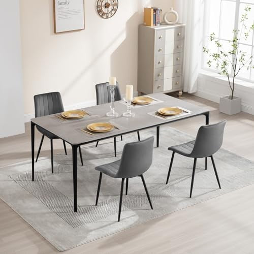 4 Velvet Dining Chairs Padded Upholstered Seat Metal Legs Modern Grey