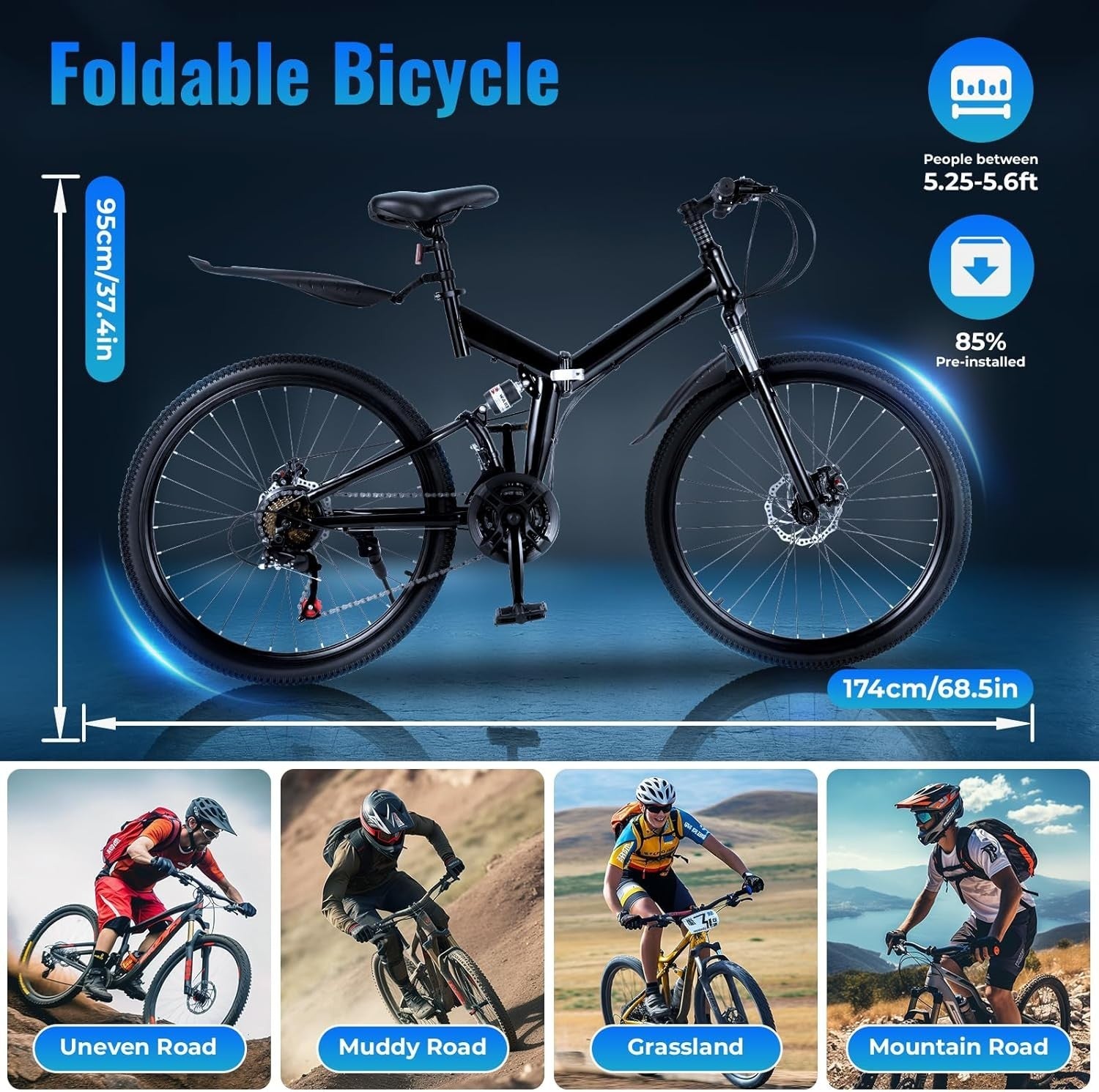 21 Speed Folding Mountain Bike 26" Dual Suspension Disc Brakes