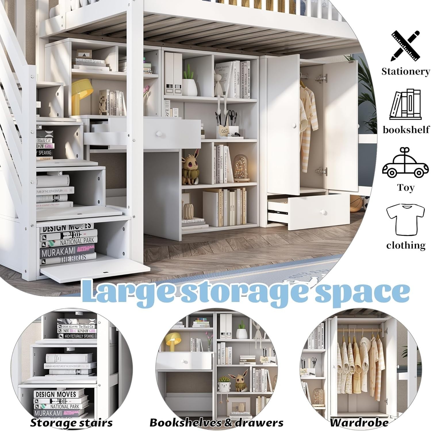 Kids Loft Bed with Desk Wardrobe Drawers Stairs Storage 3FT 90x190cm