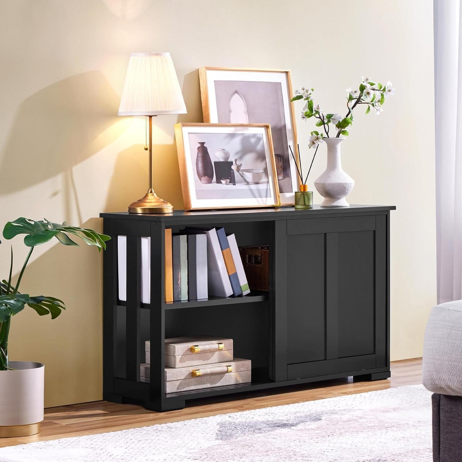 Black Sideboard Cabinet 63.5cm Buffet Sliding Door Adjustable Shelf
