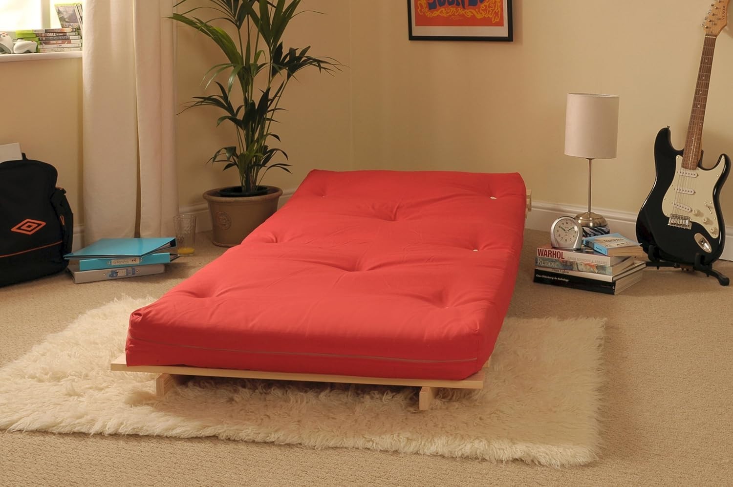Small Single Wooden Futon Bed Chair 2ft6 Tufted Red Mattress Compact