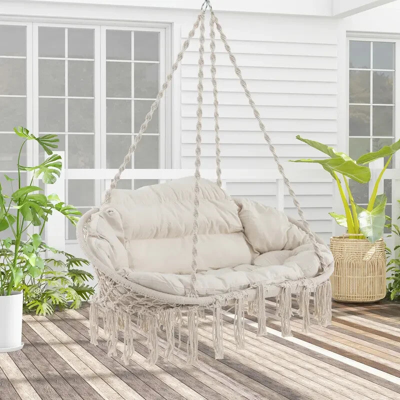 Rope Hanging Chair with Cushion & Folding Frame – 150kg Indoor Outdoor