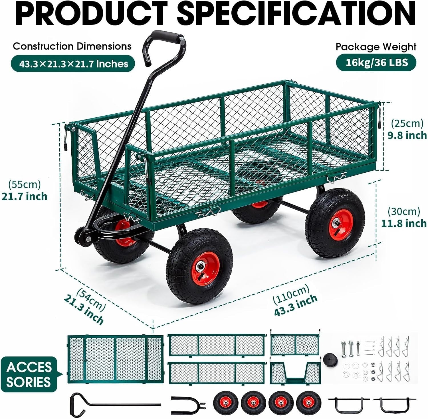 Green Heavy Duty Garden Trolley 1100lbs Steel Mesh Cart Wagon with 10" Tyres