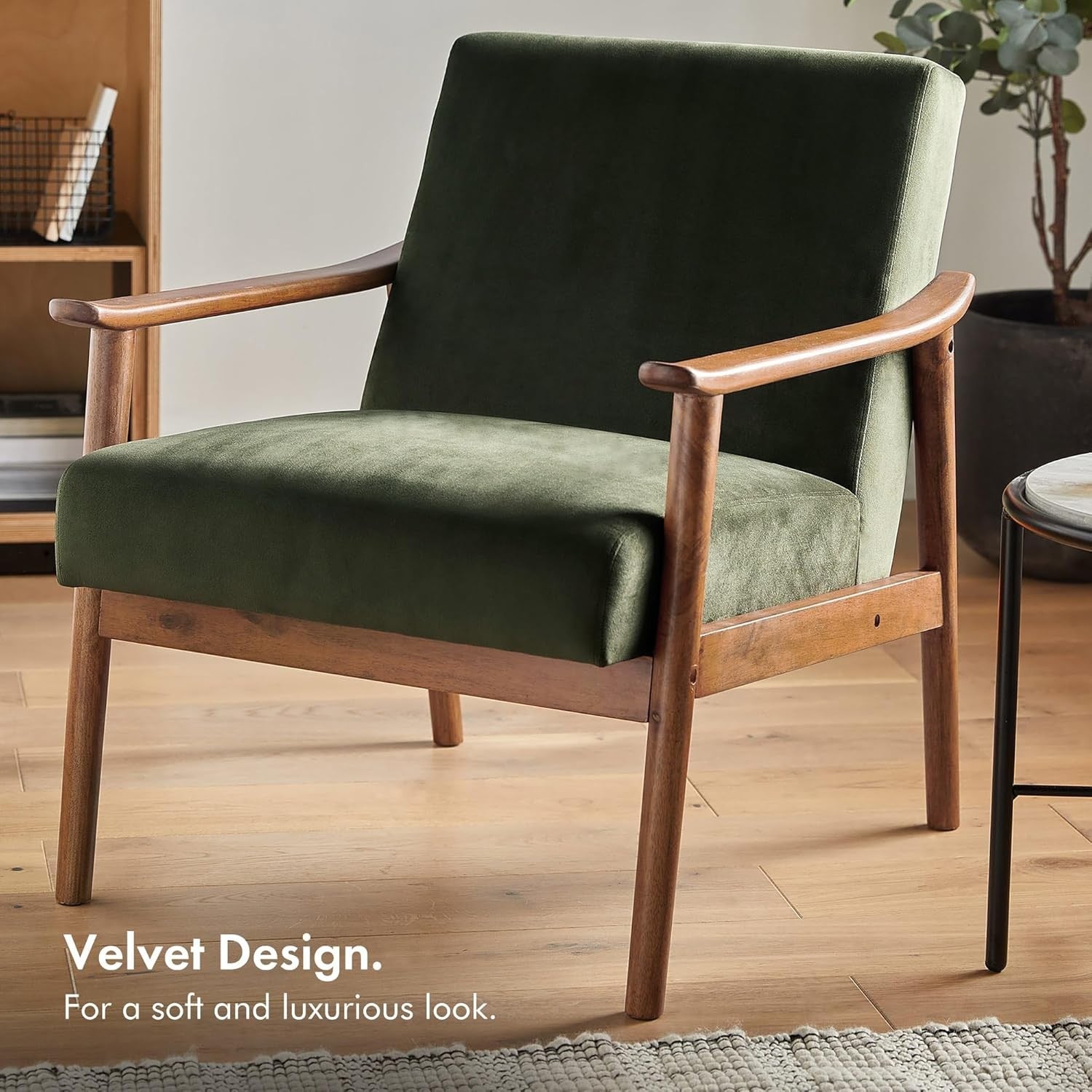 Green Velvet Accent Armchair Mid Century Wood Frame Lounge Chair