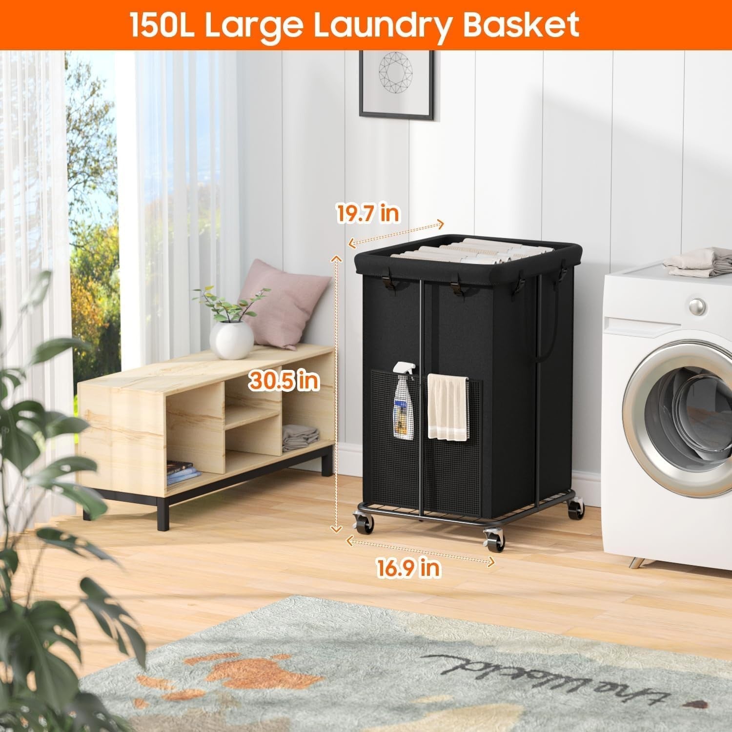 150L Rolling Laundry Hamper with Wheels Large Tall Clothes Basket Black