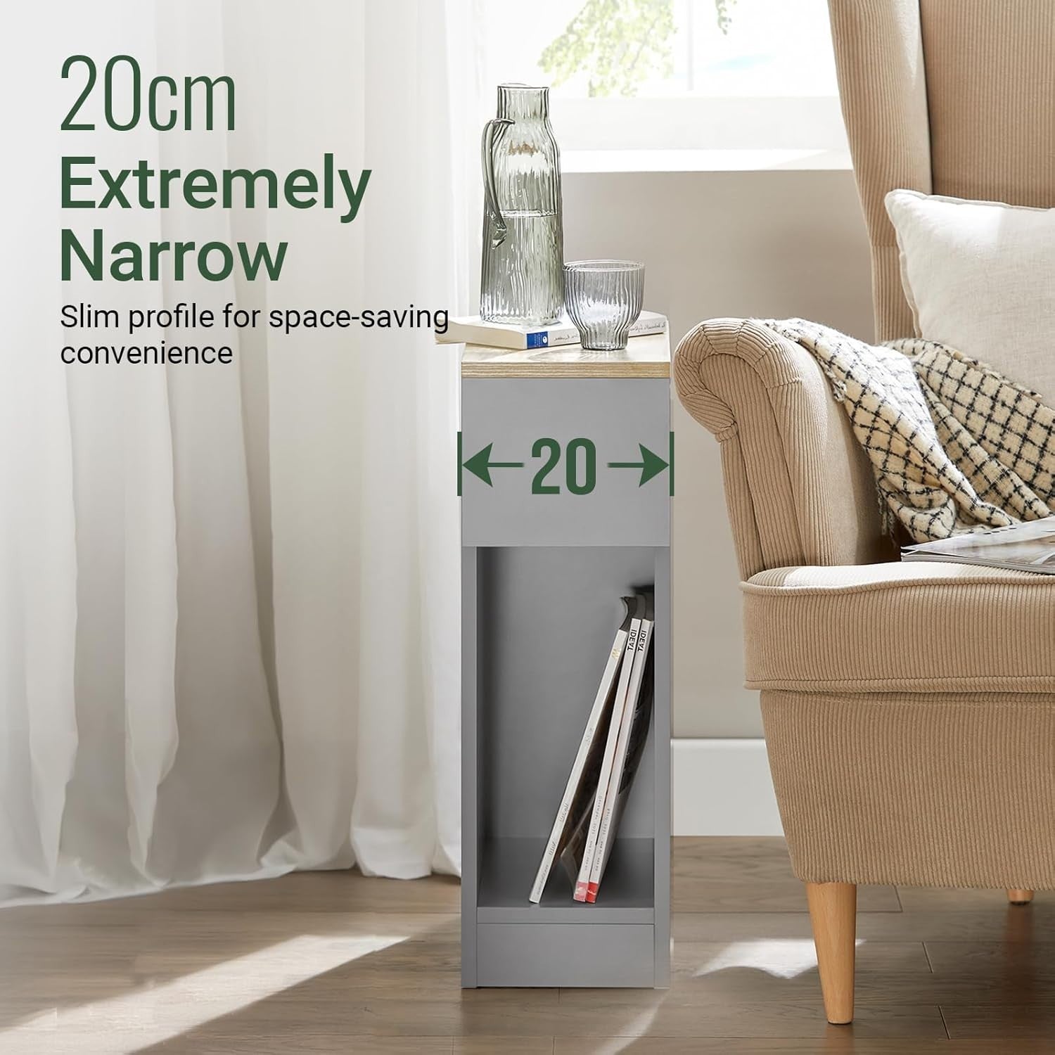 Set of 2 Slim Grey Bedside Tables with Drawer & Shelf