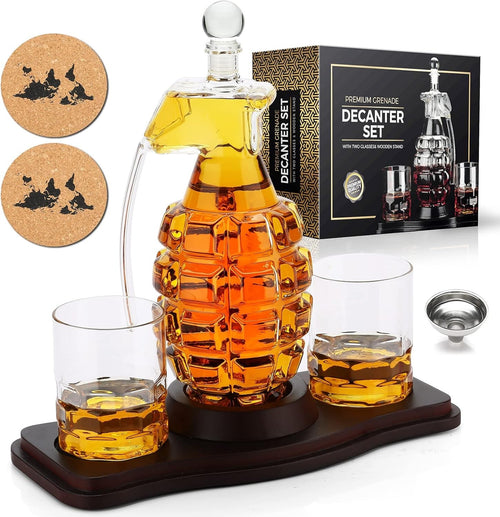 Bomb Whiskey Decanter Set 850ml with Glasses & Wooden Stand | Gift for Men