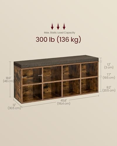 Rustic Brown Hallway Bench with 8 Compartments & Padded Seat