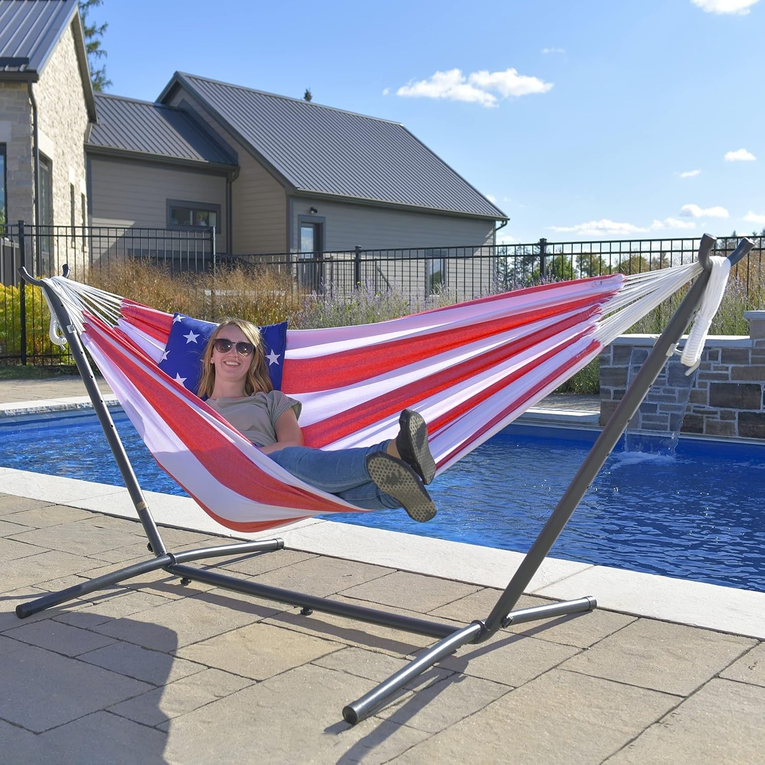 Double Cotton Hammock with Stand – 280cm Patriotic Outdoor Bed, 2 Person Relax