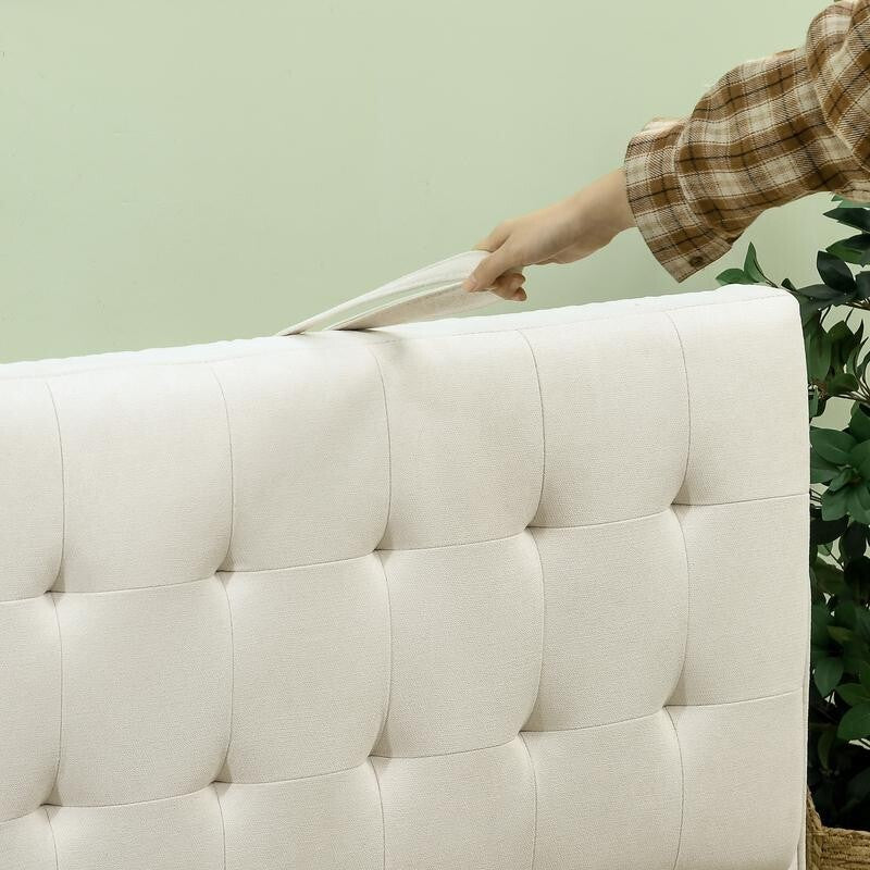 Modern 2 Seater Sofa w/ Storage, Tufted Cream Cotton Couch, Wood Legs 117cm