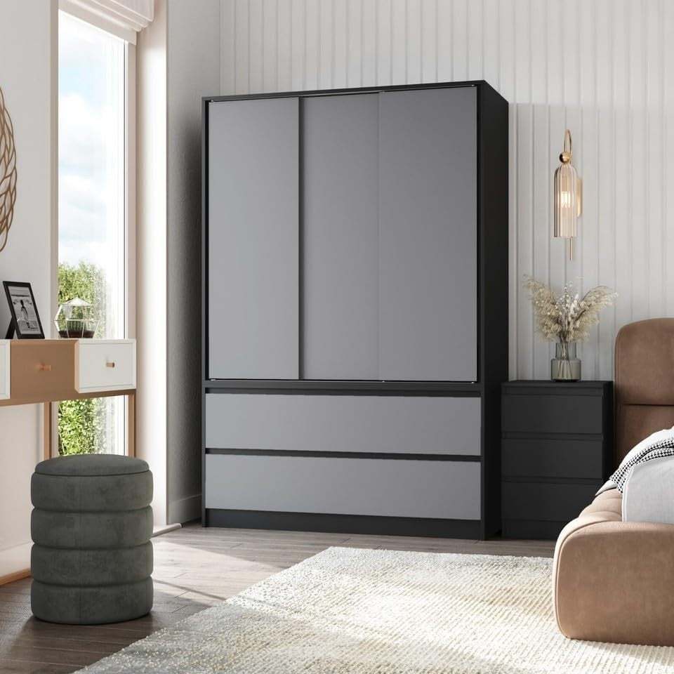 Grey Sliding Door Wardrobe with 4 Drawers & Hanging Rail - Space Saving