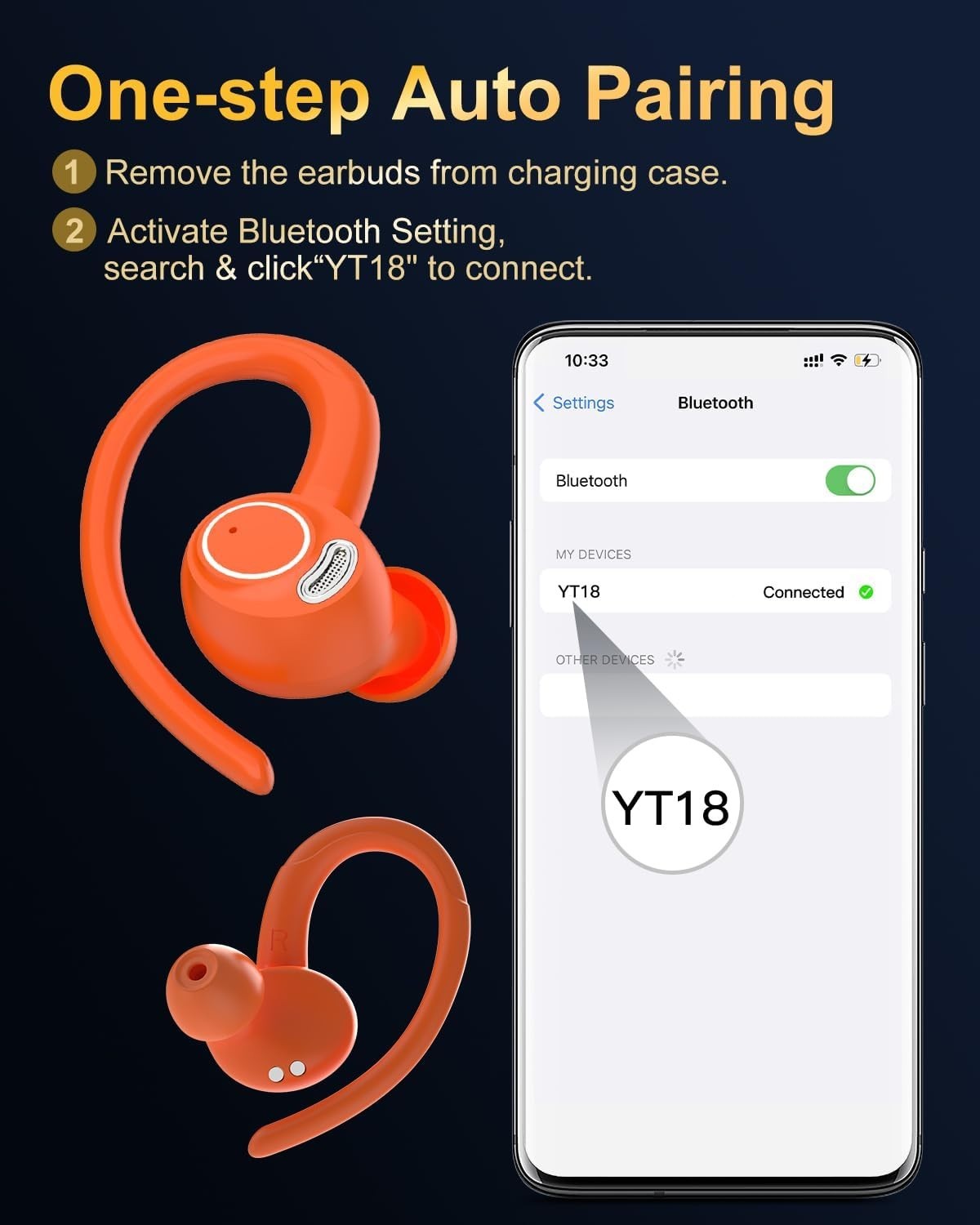 Orange Bluetooth 5.3 Earbuds 40H Playtime ENC Mic LED Display IP7
