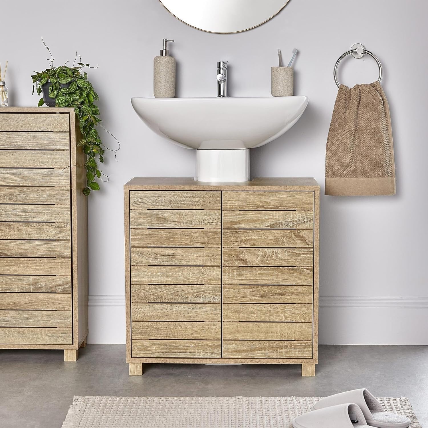Under Sink Bathroom Cabinet Oak Effect with 2 Shelves Space-Saving Storage