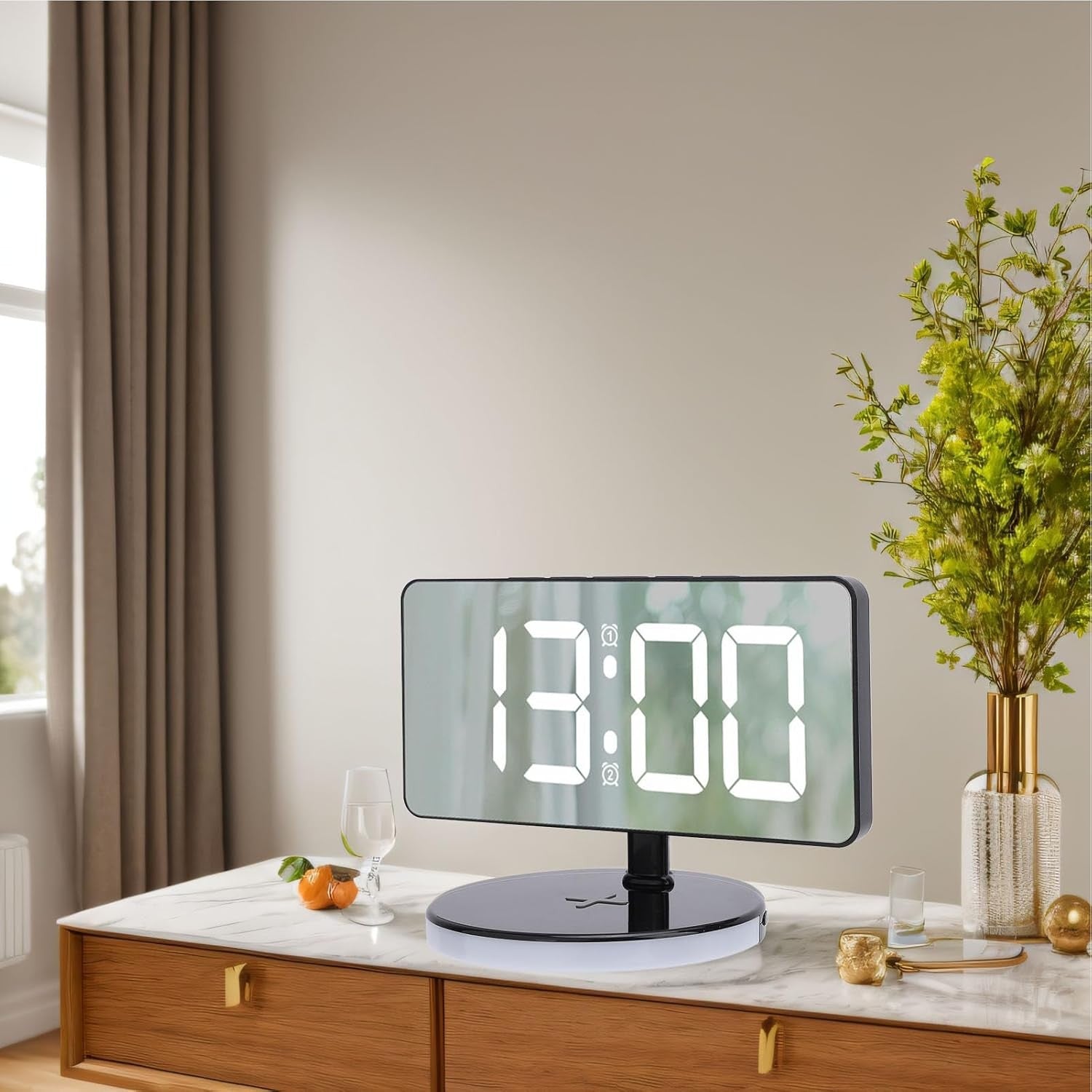 Large LED Mirror Digital Alarm Clock RGB Night Light USB-C Dual Alarm Silent