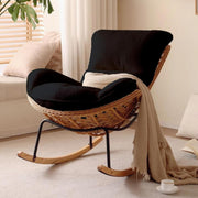Oversized Black Rattan Rocking Chair with Plush Teddy Upholstery & Sturdy Frame