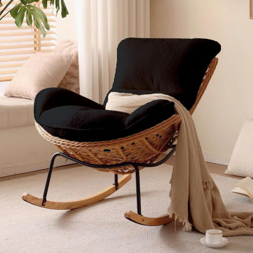 Oversized Black Rattan Rocking Chair with Plush Teddy Upholstery & Sturdy Frame
