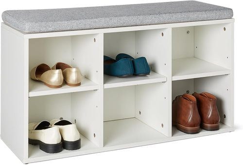 White Shoe Storage Bench with Cushion Seat 6 Compartment Adjustable Shelves