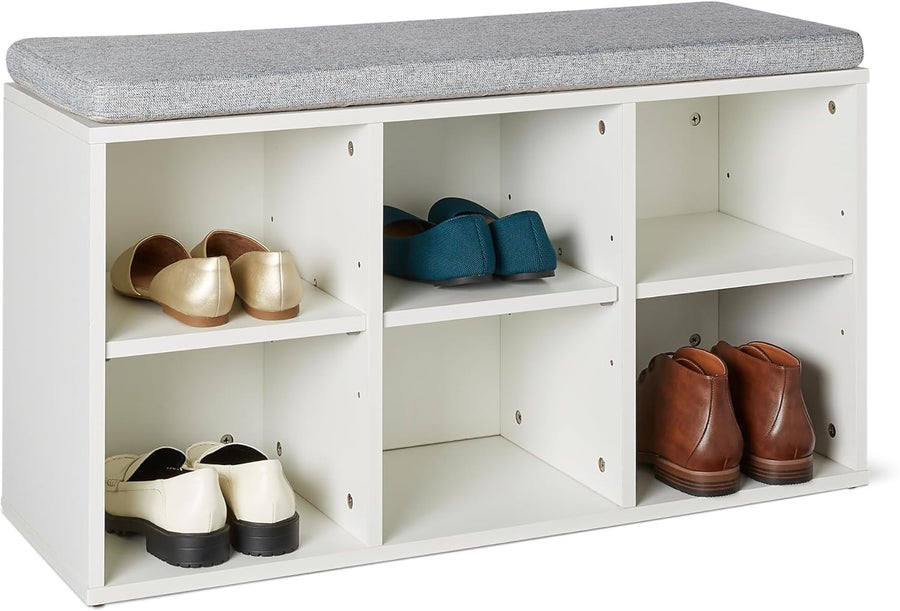 White Shoe Storage Bench with Cushion Seat 6 Compartment Adjustable Shelves