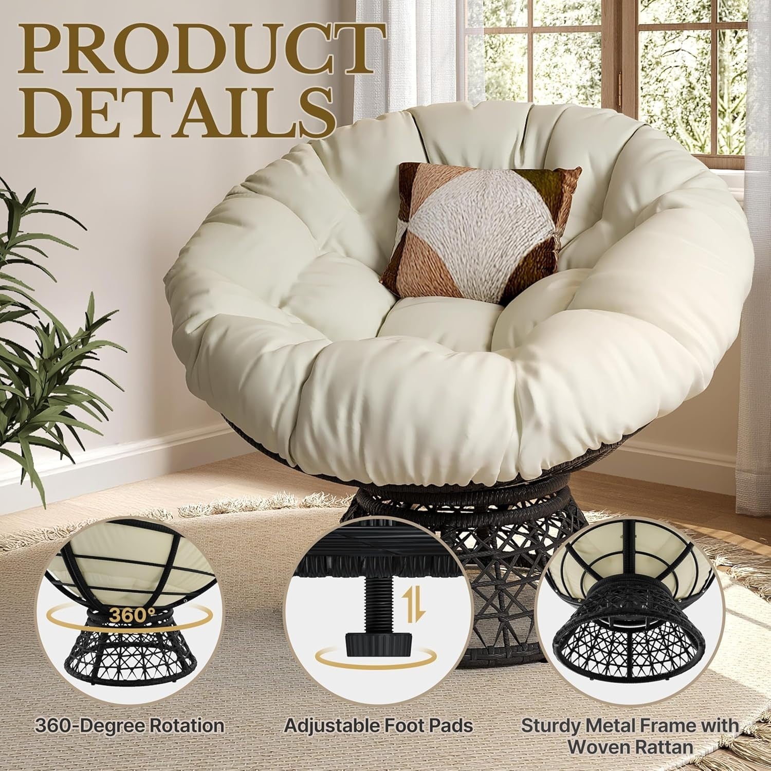 Beige Papasan Moon Chair Oversized Round Swivel Lounge Chair with Plush Cushion
