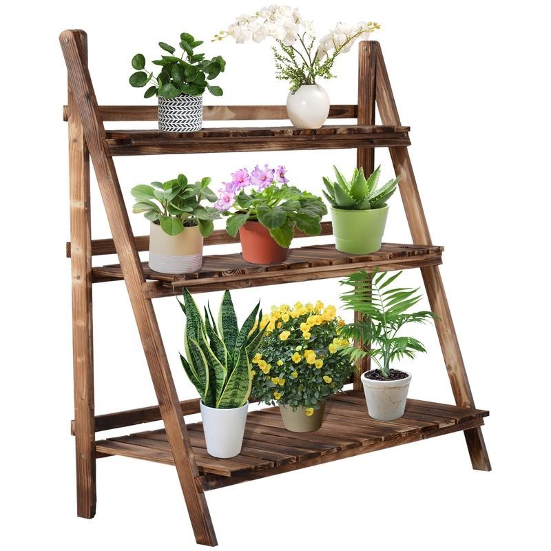 3 Tier Wood Folding Planter Stand Outdoor Flower Display Shelf Rack Garden