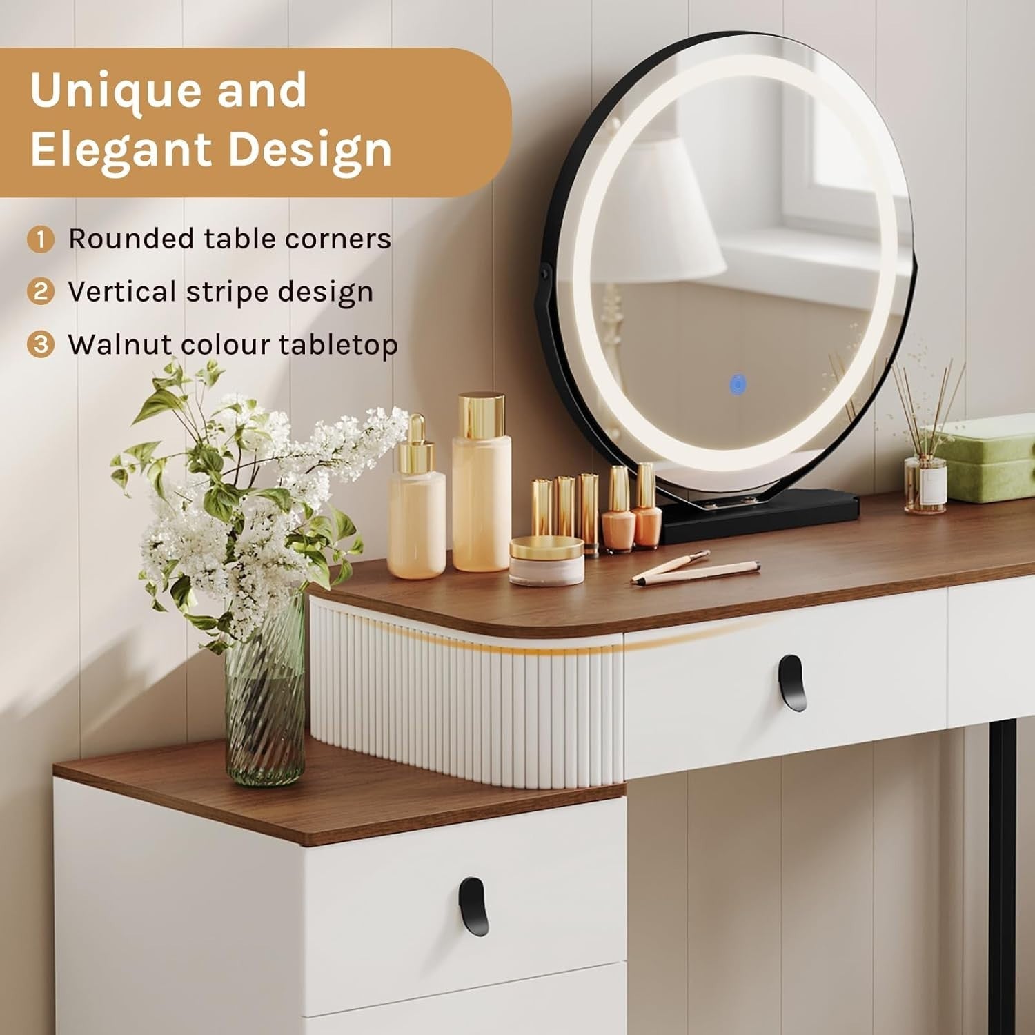 Orange Brown Dressing Table Vanity Desk Set LED Mirror Stool 5 Drawers Storage