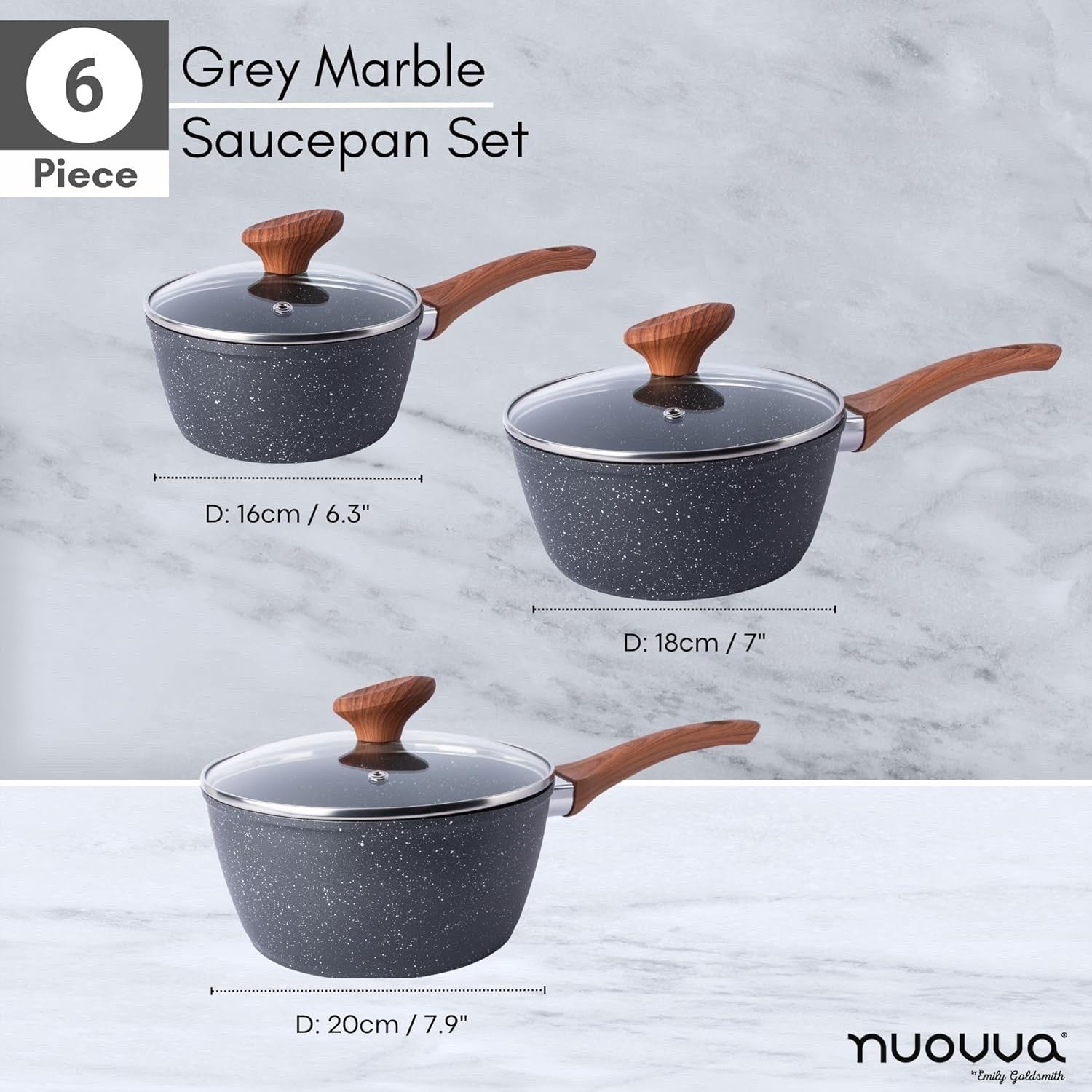 3pcs Non-Stick Marble Saucepan Set with Lids 16cm 18cm 20cm Induction Ready