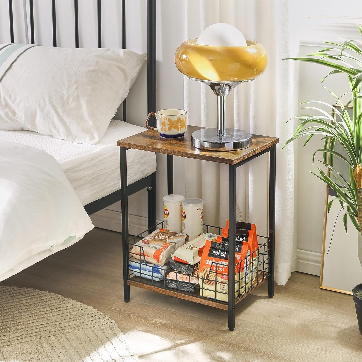 Rustic Brown Side Table with Storage Rack – Small Nightstand & Coffee Table