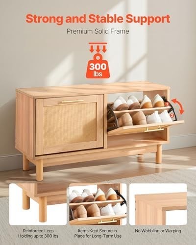 VEVOR Rattan Shoe Bench with Flip Drawers – 4-Compartment Storage Seat 100cm